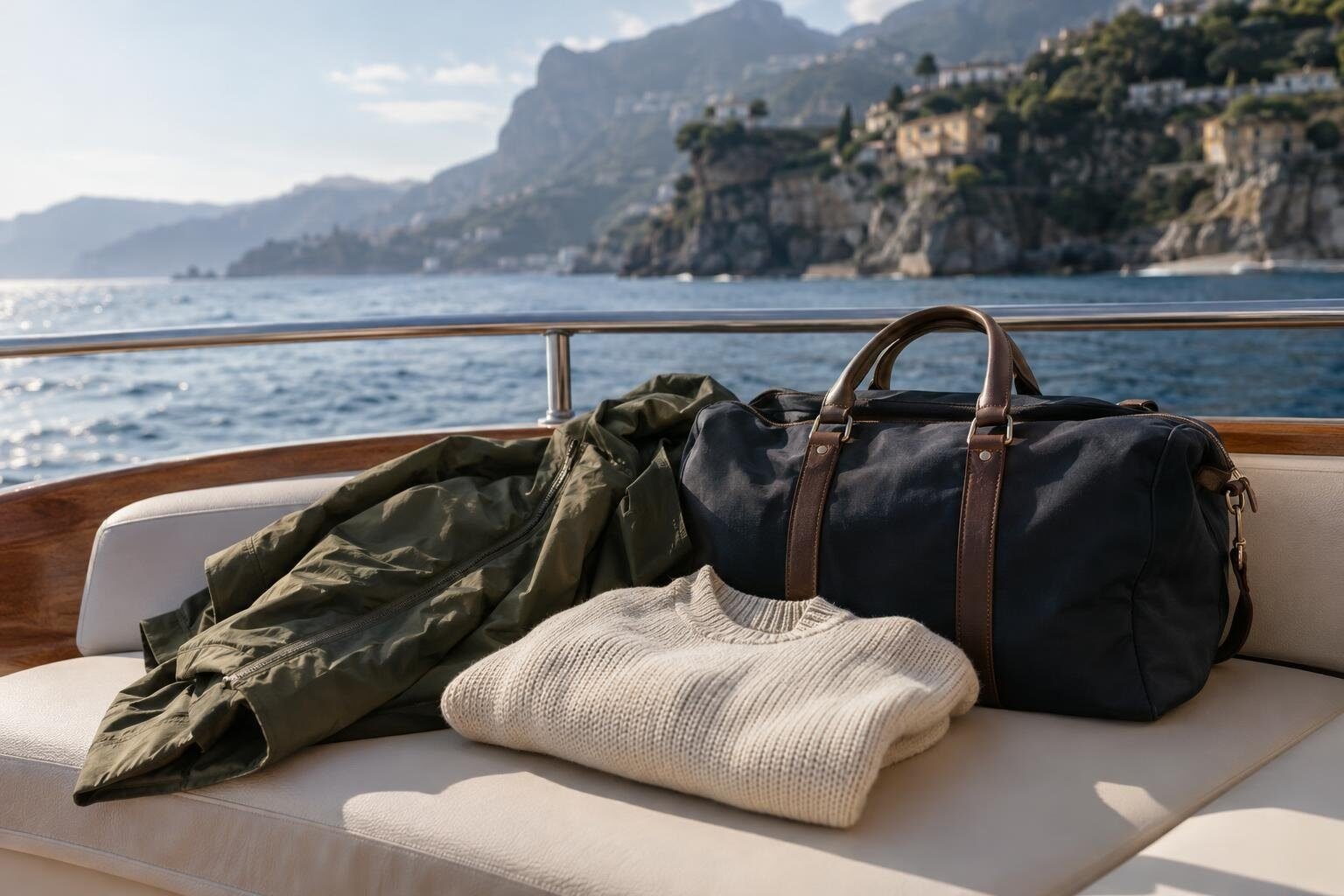 A windbreaker, folded jumper and travel bag on a boat overlooking the Sorrentine coastline in autumn sunlight.